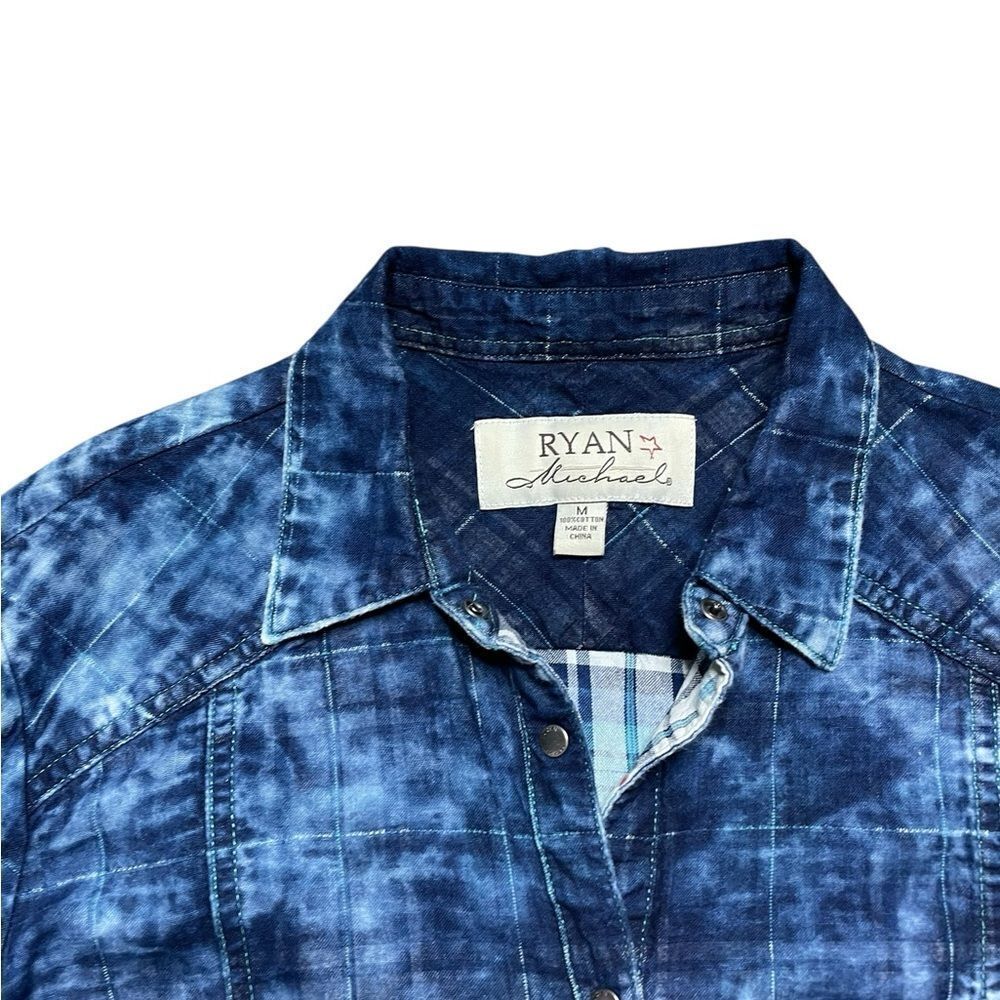 Ryan Michael Indigo Blue Tiered Sleeve Western Button Down Shirt Size Medium - Picture 9 of 12